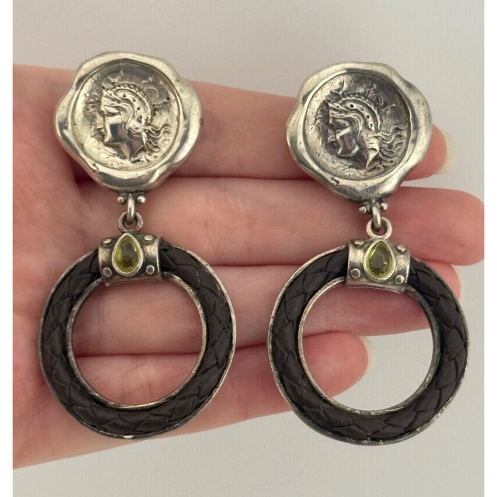 Vintage Leslie Block Sterling Silver Wax Seal Faux Coin Dangle Clip On Earrings